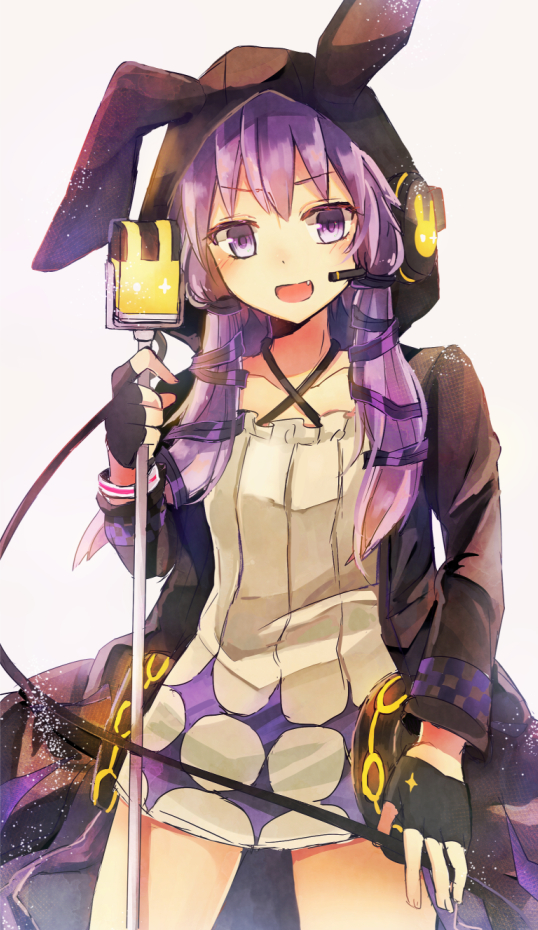 1girl, animal_hood, bunny_hood, bunny_print, collarbone, dress, fang, fingerless_gloves