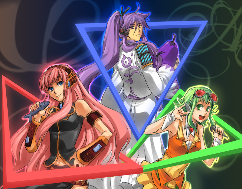 \m/, crossover, dpzkzl, eggplant, fish, green_eyes, green_hair, gumi