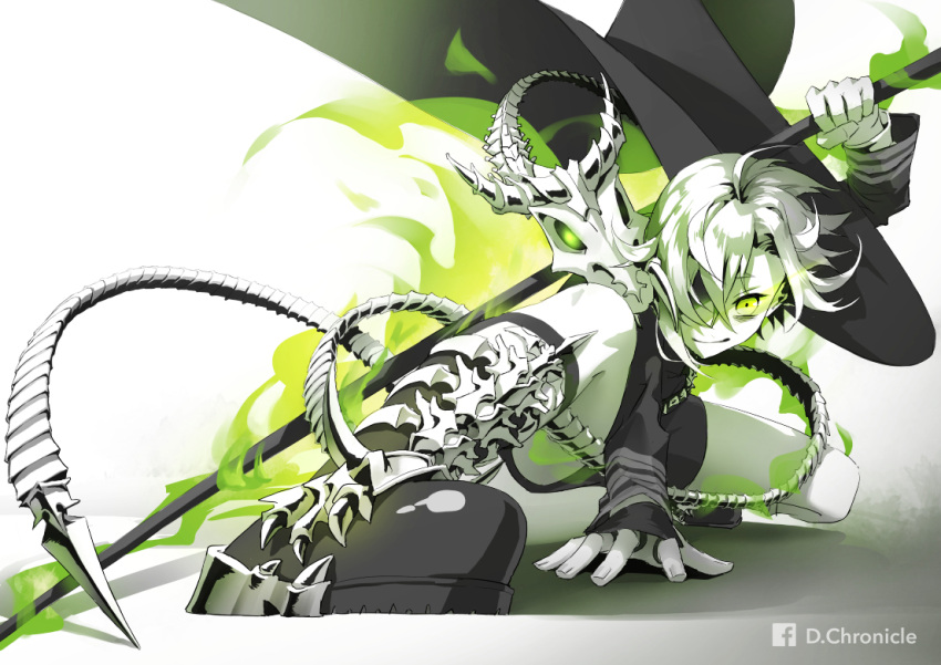 1boy, cape, dark_persona, glowing, glowing_eye, green_eyes, hair_over_one_eye, historical_revisionist