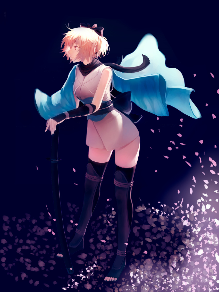 1girl, ahoge, blonde_hair, bow, cherry_blossoms, fakerx, fate/grand_order, fate_(series), hair_bow, highres, japanese_clothes, katana, sakura_saber, shinsengumi, short_hair, solo, sword, thigh-highs, weapon