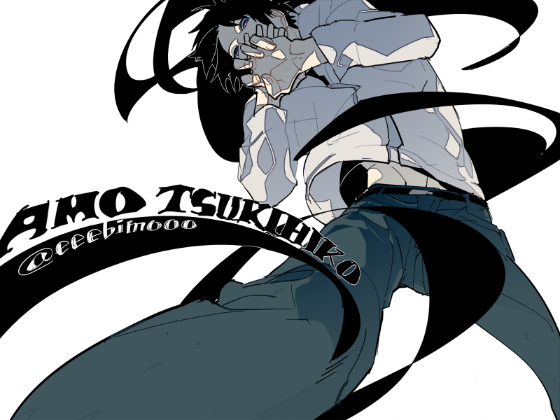 1boy, amou_tsukihiko, belly_peek, belt, black_hair, character_name, from_below, legs_apart, long_sleeves, looking_at_viewer, looking_down, male_focus, mojisan_(ebimo), navel, own_hands_together, palms, red_eyes, simple_background, solo, standing, twitter_username, world_trigger