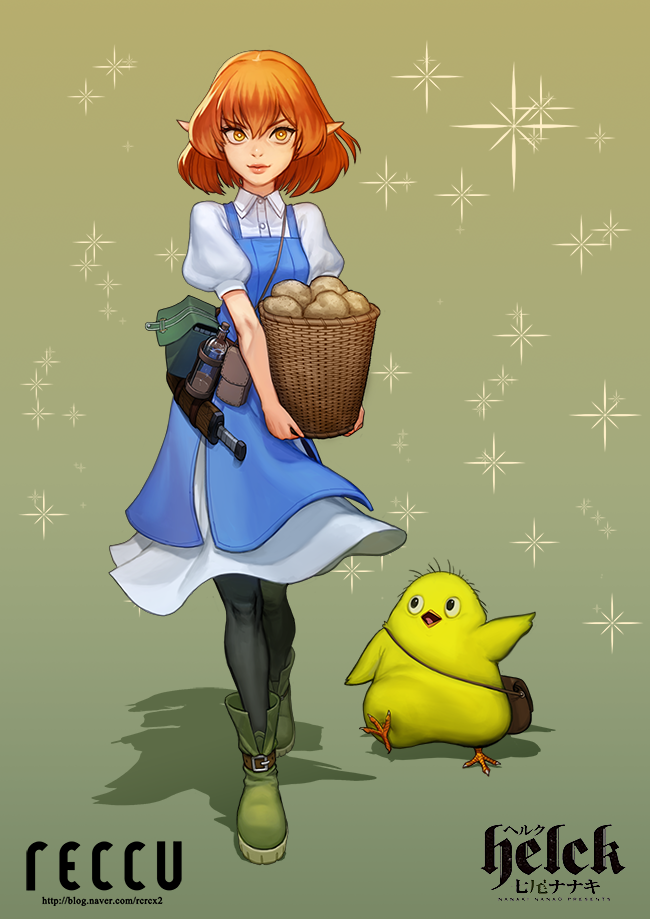 1girl, bag, basket, bird, boots, brown_hair, helck, orange_eyes