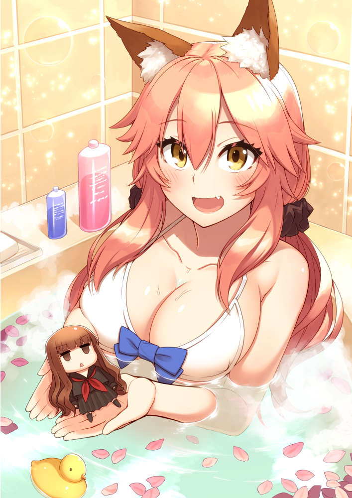 2girls, :d, animal_ears, bathing, bathroom, bathtub, bikini, bikini_top