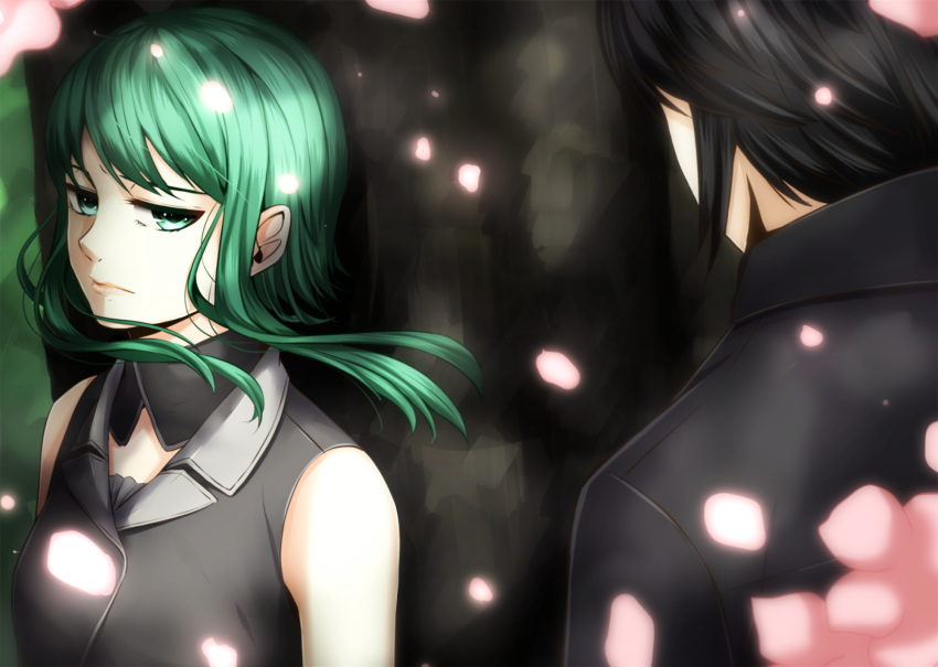 cherry_blossoms, detached_collar, green_eyes, green_hair, gumi, highres, ria02716, saigo_no_revolver_(vocaloid)