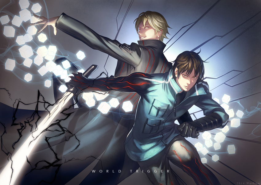 2boys, back-to-back, badge, bangs, black_gloves, black_hair, blonde_hair, closed_mouth
