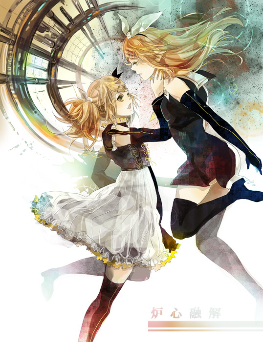 blonde_hair, boots, elbow_gloves, gloves, hairband, kagamine_rin, kagamine_rin_(roshin_yuukai/hard_rkmix), meltdown
