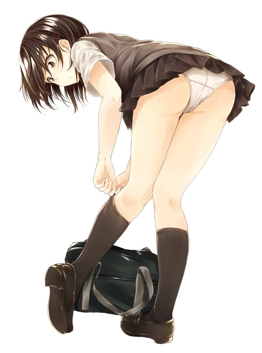 1girl, adjusting_clothes, adjusting_legwear, ass, bag, bent_over, black_hair, black_legwear