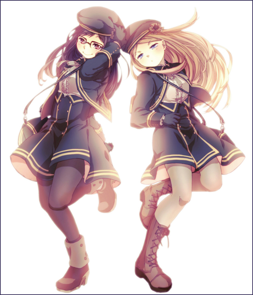 :o, alternate_costume, bag, bangs, beret, black-framed_glasses, black_border, black_gloves, black_hair, black_legwear, blonde_hair, blue_eyes, blush, boots, border, bow, closed_mouth, cross-laced_footwear, dress, eyebrows, eyebrows_visible_through_hair, floating_hair, gloves, hand_on_headwear, hat, hat_bow, head_tilt, highres, jacket, konami_kirie, lace-up_boots, long_sleeves, looking_at_viewer, neck_ribbon, pantyhose, red_eyes, ribbon, shoulder_bag, smile, standing, standing_on_one_leg, striped, underbust, uniform, unomi_(makiron910), usami_shiori, white_background, world_trigger