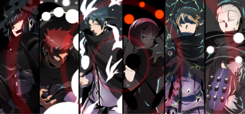 1girl, 6+boys, bangs, bird, black_hair, black_sclera, blonde_hair, blue_hair
