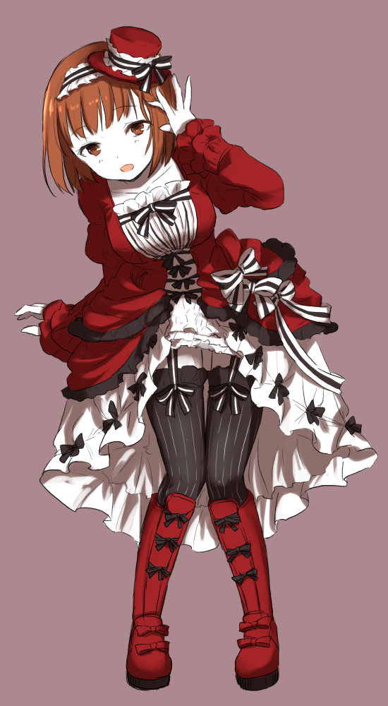 1girl, :d, alternate_costume, ayatsuji_haruka, black_bow, black_legwear, boots, bow