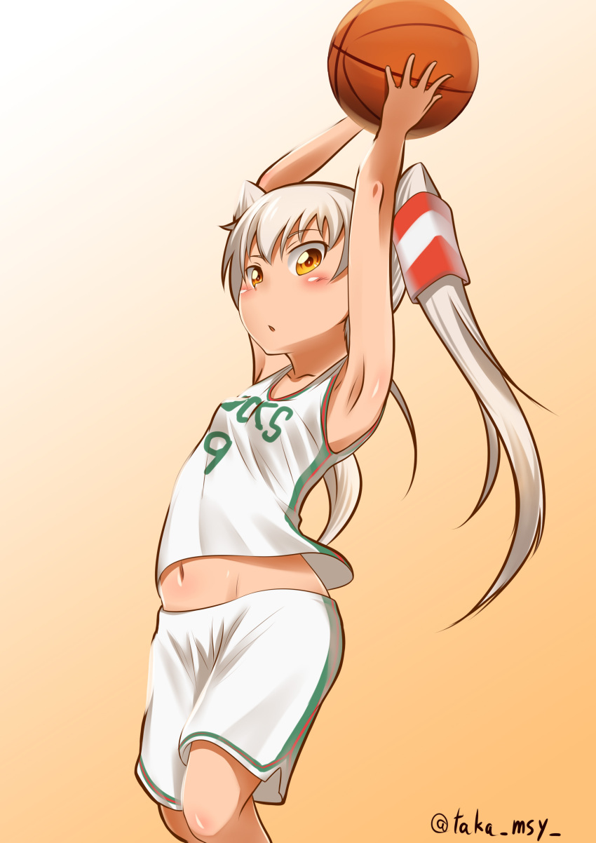 1girl, absurdres, amatsukaze_(kantai_collection), arms_up, basketball, basketball_uniform, highres, kantai_collection