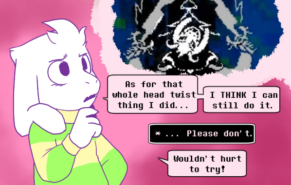 1boy, asriel_dreemurr, black_eyes, commentary, fangs, gameplay_mechanics, horns, koalacola