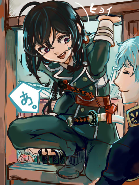 2boys, ahoge, black_hair, check_translation, climbing, hitofuri_ichigo, male_focus, military
