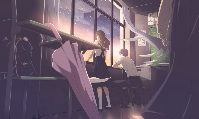 1boy, 2girls, absurdres, backpack, bag, brown_hair, chair, chalkboard, classroom, curtains, highres, long_hair, looking_out_window, multiple_girls, original, photo_(object), ria02716, school_uniform, sitting, sky, star_(sky), starry_sky, sunset, umbrella, window