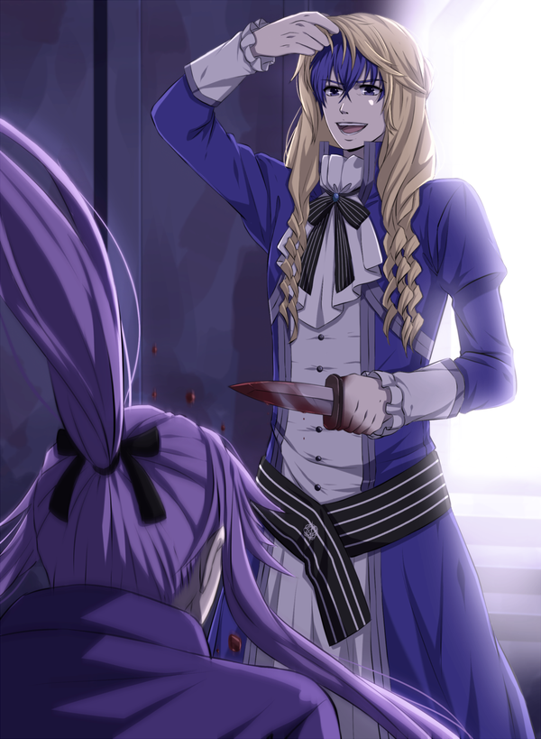 blood, blue_hair, cravat, crossdressinging, dagger, kaito, kamui_gakupo, laughing, long_hair, ponytail, purple_hair, ria02716, short_hair, venomania_kou_no_kyouki_(vocaloid), vocaloid, weapon, wig