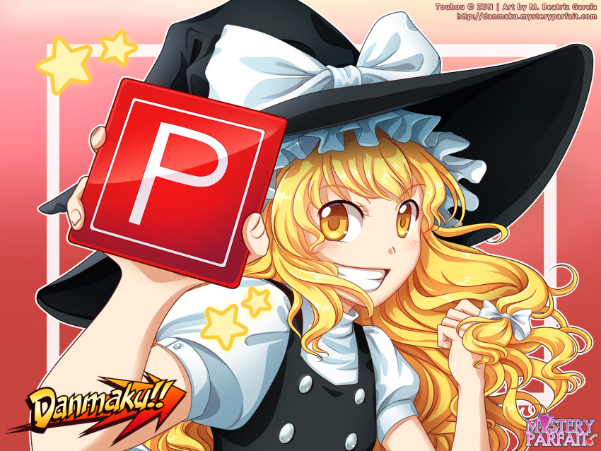 1girl, artist_name, blonde_hair, bow, buttons, commentary, copyright_name, danmaku!!