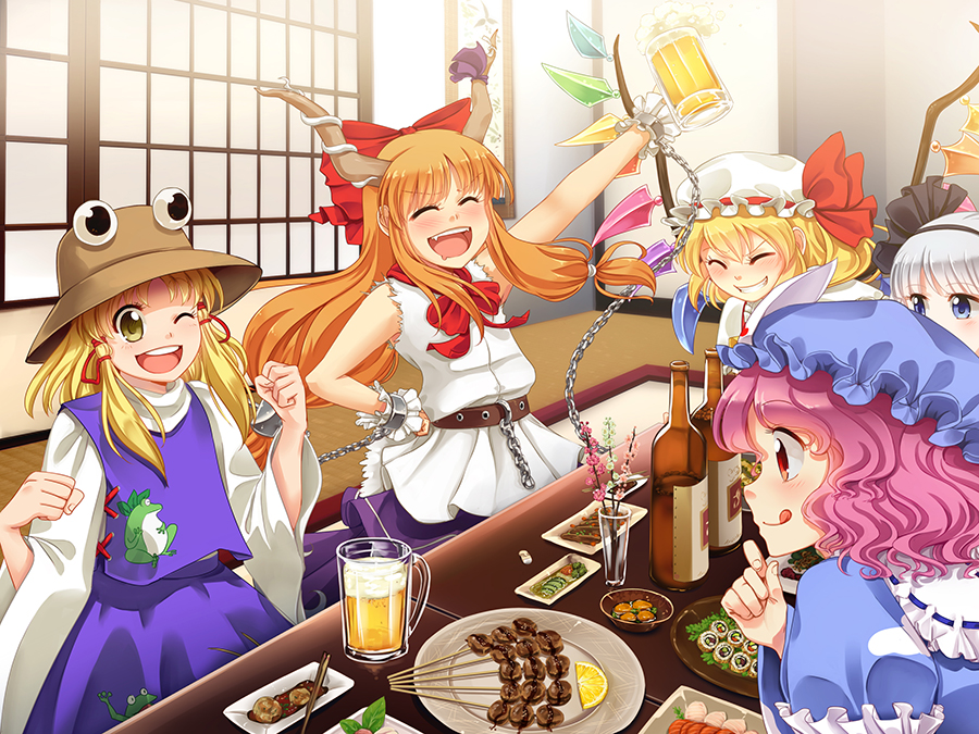 5girls, alcohol, arm_up, beer, blonde_hair, blue_dress, blue_eyes, blush