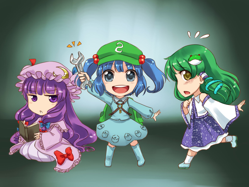 /\/\/\, 3girls, backpack, bag, blue_bow, blue_eyes, blue_hair, blue_ribbon