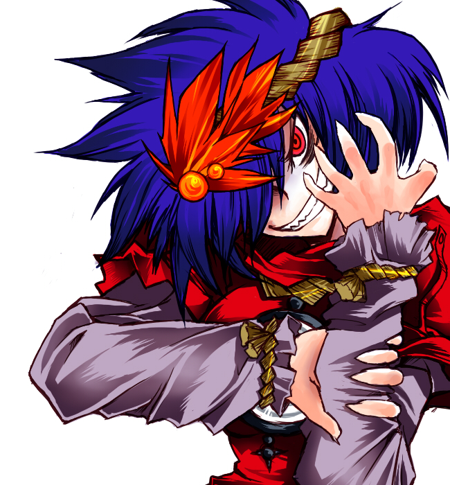 blue_hair, grin, hairband, leaf, leaves, mirror, red_eyes, rope