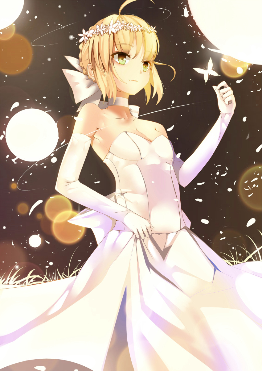 1girl, absurdres, ahoge, bare_shoulders, blonde_hair, braid, breasts, butterfly