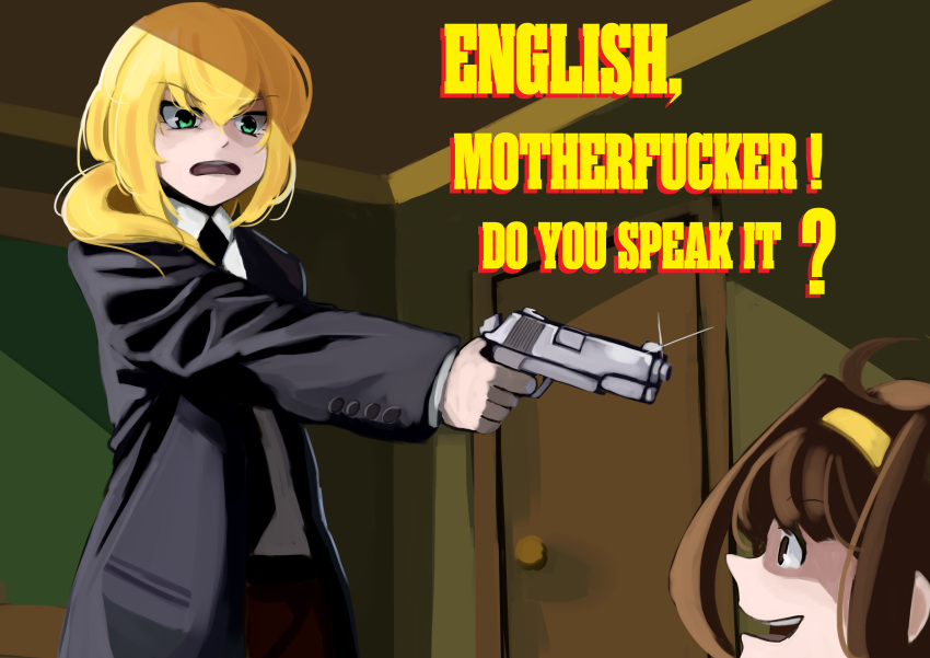2girls, absurdres, aiming, blonde_hair, brown_eyes, brown_hair, ellen_baker, english