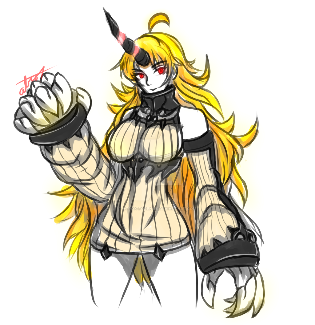 1girl, ahoge, atrox-forensis, blonde_hair, breasts, claws, crossover, dress, horn, kantai_collection, large_breasts, long_hair, red_eyes, ribbed_dress, rwby, seaport_hime, shinkaisei-kan, solo, very_long_hair, yang_xiao_long