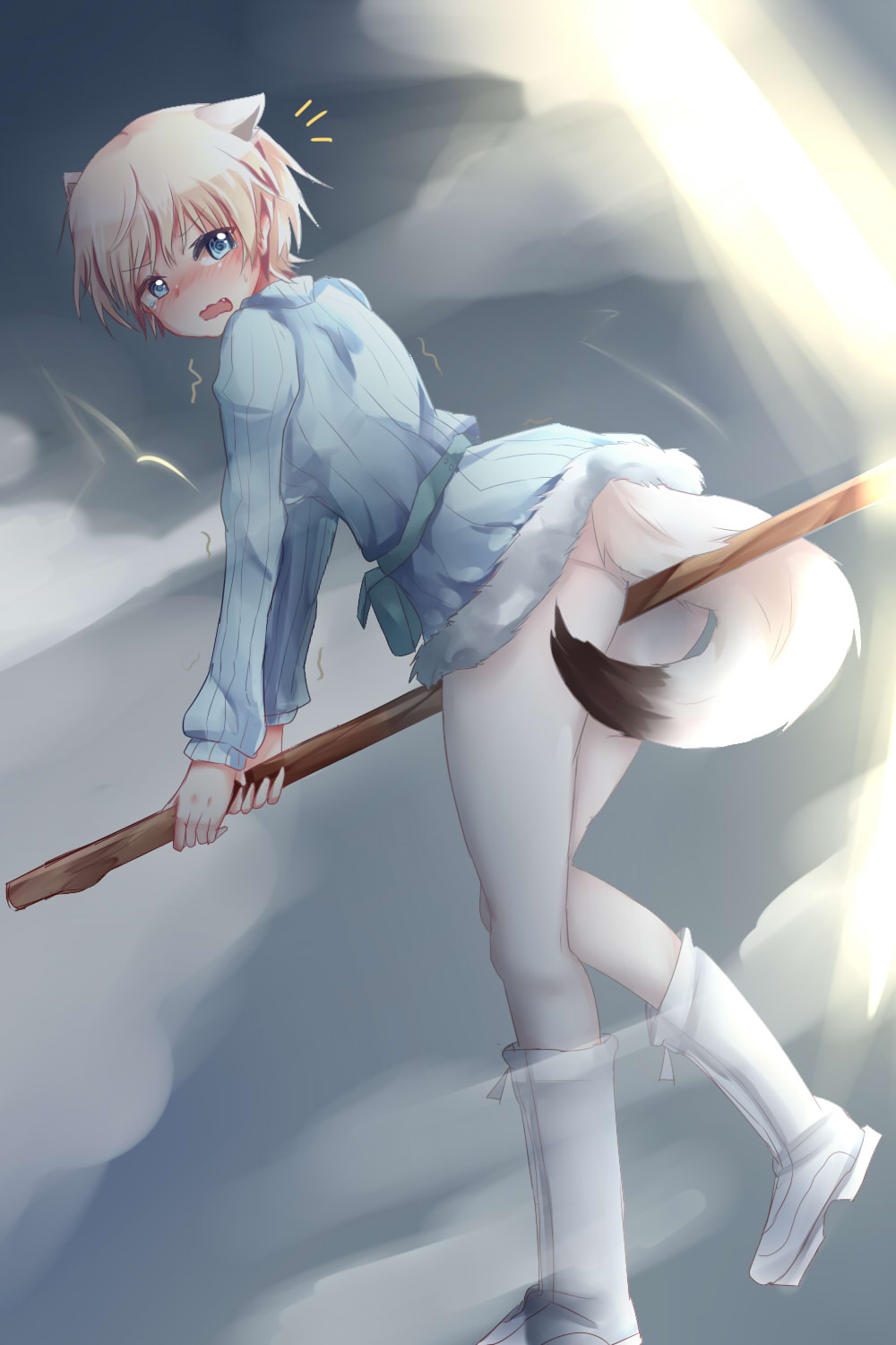 /\/\/\, 1girl, animal_ears, between_legs, blonde_hair, blue_eyes, blush, boots