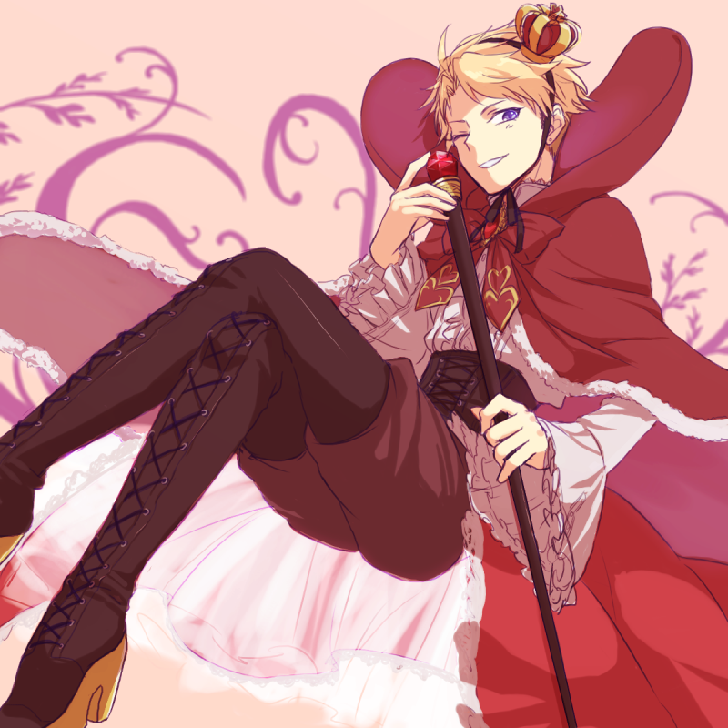 1girl, blonde_hair, boots, cape, crown, ensemble_stars!, narukami_arashi, one_eye_closed