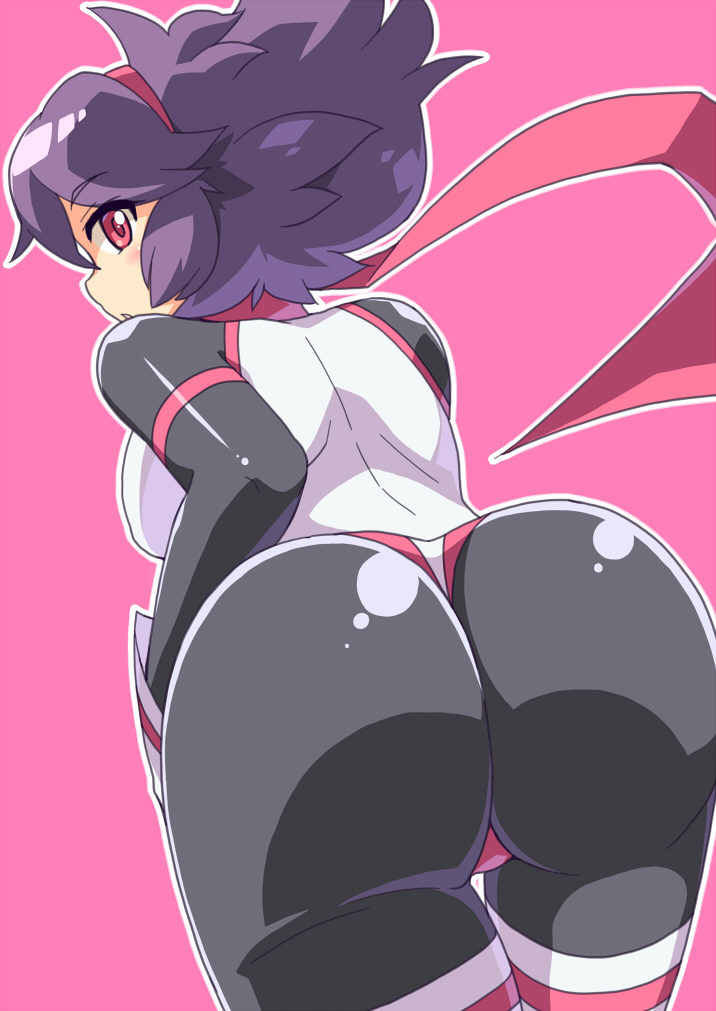 1girl, ass, bodysuit, breasts, leaning_forward, long_hair, looking_at_viewer, looking_back