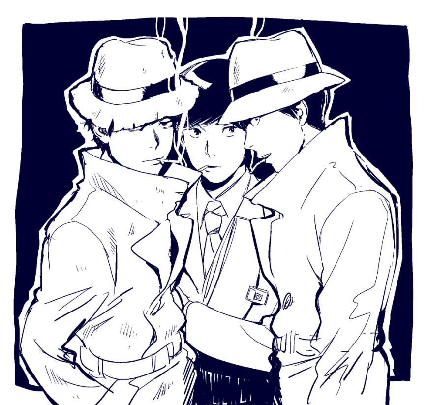 2boys, 5plus5, cigarette, crossed_arms, dark_background, detective, fedora, hand_in_pocket