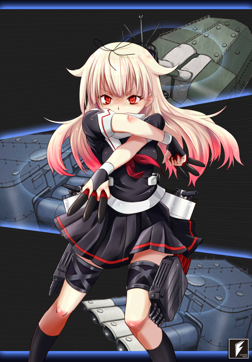 1girl, absurdres, black_ribbon, black_serafuku, black_skirt, blonde_hair, braid, despair_wing