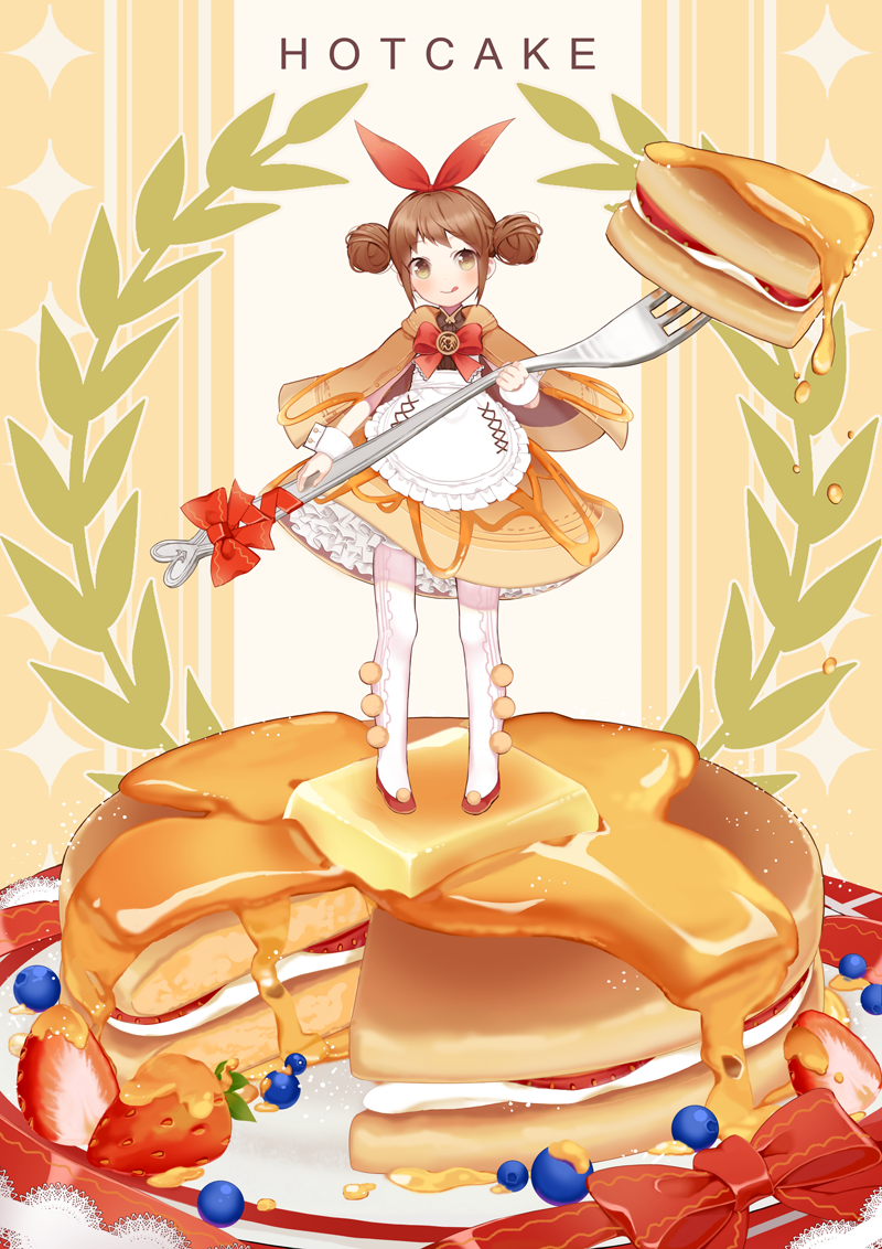 1girl, blueberry, brown_hair, butter, cream, double_bun, english, food