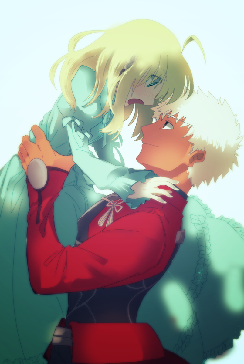 1boy, 1girl, ahoge, archer, blonde_hair, brushing, fate/stay_night, fate_(series)