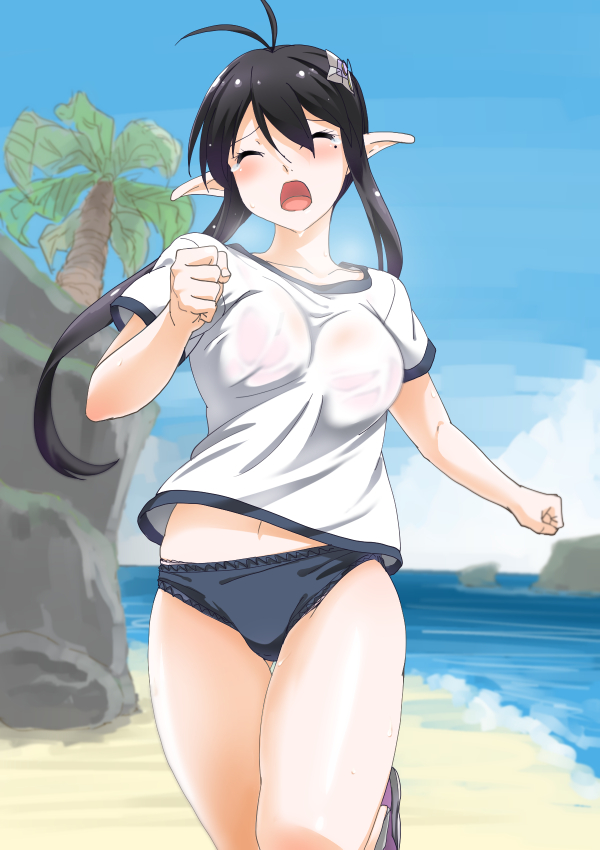 antenna_hair, black_hair, blush, bra, closed_eyes, collarbone, gym_uniform, katori_(pso2)