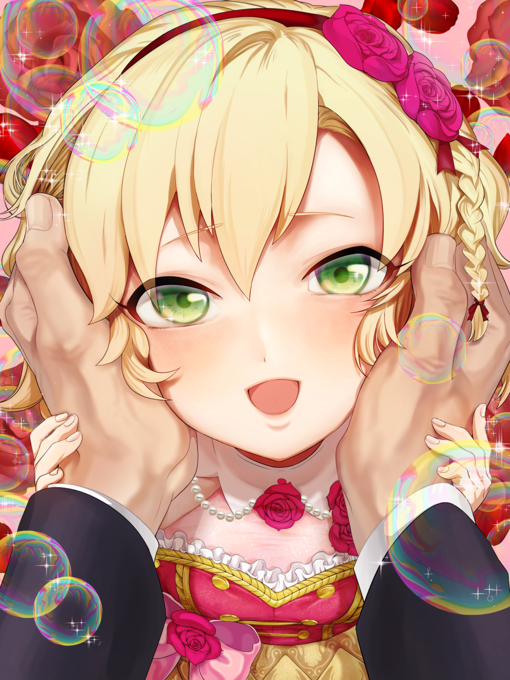 1girl, blonde_hair, green_eyes, hands_on_another's_face, highres, idolmaster, idolmaster_cinderella_girls, idolmaster_cinderella_girls_starlight_stage, looking_at_viewer, mugentansan, open_mouth, pov, sakurai_momoka, smile, solo_focus