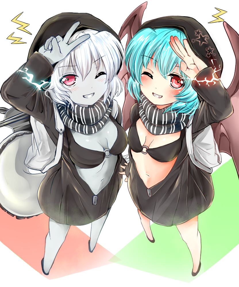 2girls, backpack, bag, bat_wings, bikini_top, blue_hair, blush, glowing