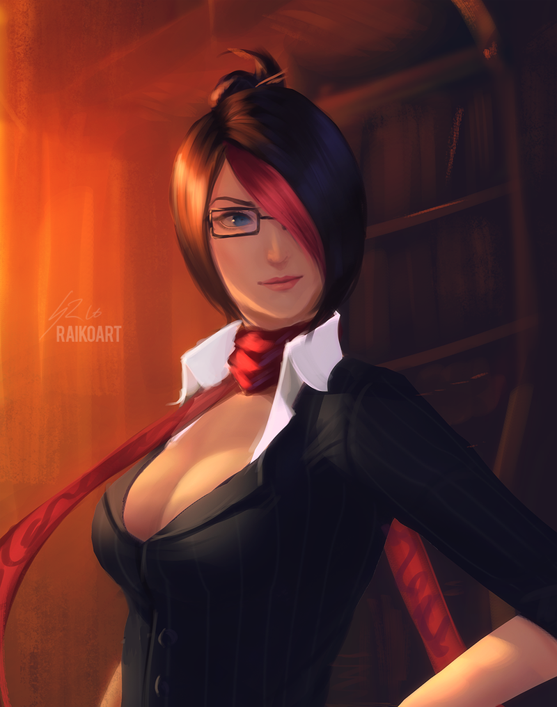 1girl, artist_name, black-framed_glasses, black_hair, black_jacket, blue_eyes, bookshelf, breasts