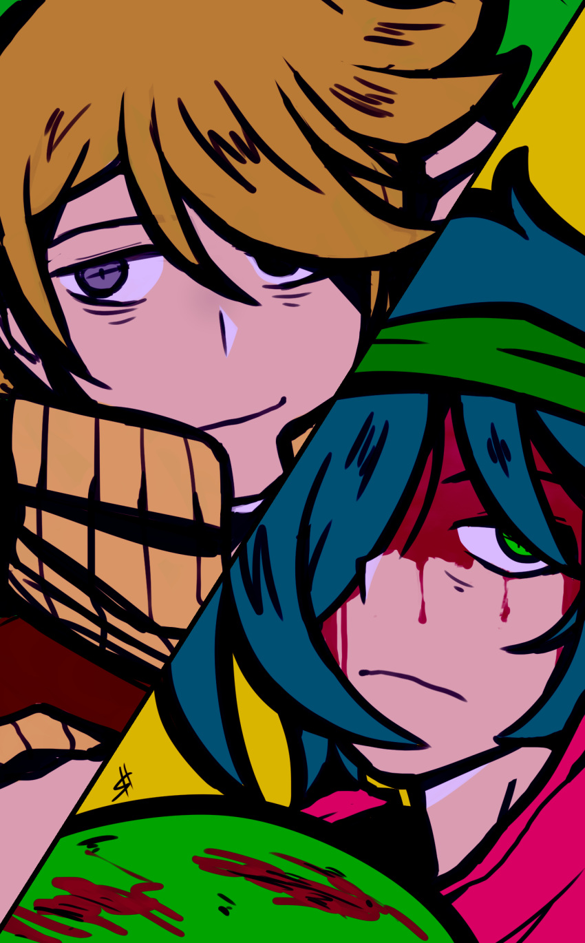 2boys, aqua_hair, biker_(hotline_miami), blonde_hair, blood, blood_on_face, bloody_clothes, college_shirt