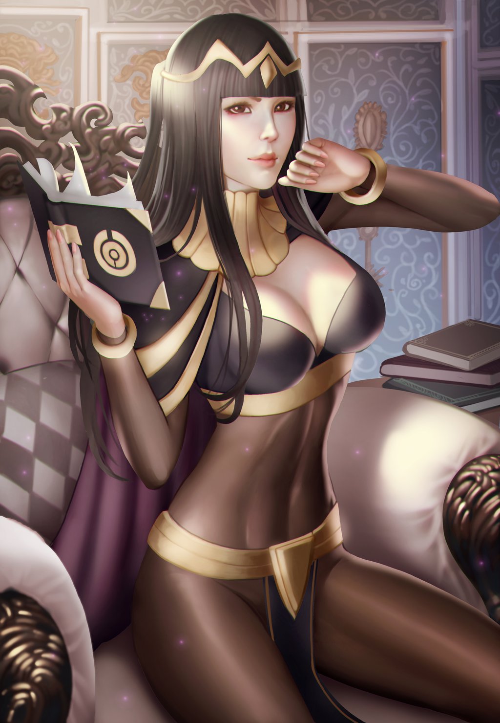 1girl, audia_pahlevi, black_hair, bodystocking, breasts, cleavage, female, fire_emblem