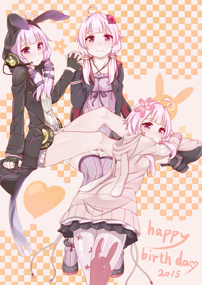 2015, 3girls, ahoge, animal_hood, blush, boots, bunny_hood, bunny_print