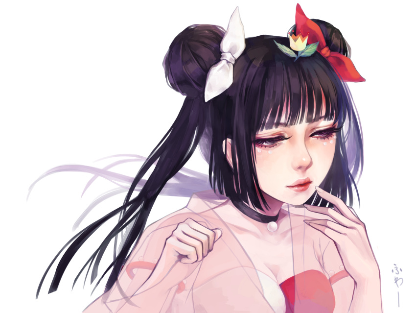 1girl, artist_name, bangs, black_hair, blunt_bangs, bow, breasts, choker