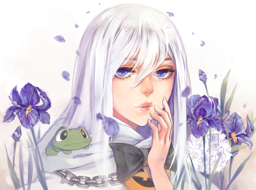 1girl, absurdres, bangs, black_bow, blue_eyes, bow, chain, flower