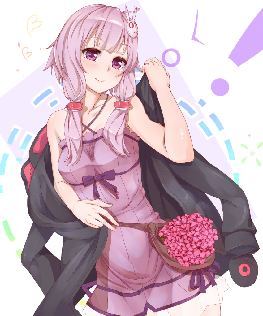 1girl, ahoge, bare_shoulders, bow, bunny_hair_ornament, collarbone, dress, flower