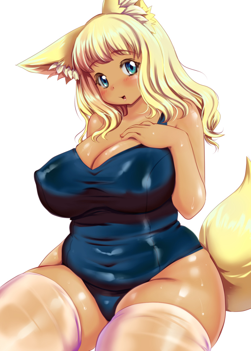 1girl, animal_ears, belly, blonde_hair, blue_eyes, breasts, cleavage, covered_navel, fox_ears, fox_tail, highres, huge_breasts, kokumotsu, navel, original, plump, school_swimsuit, smile, solo, swimsuit, tail, tan, thigh-highs