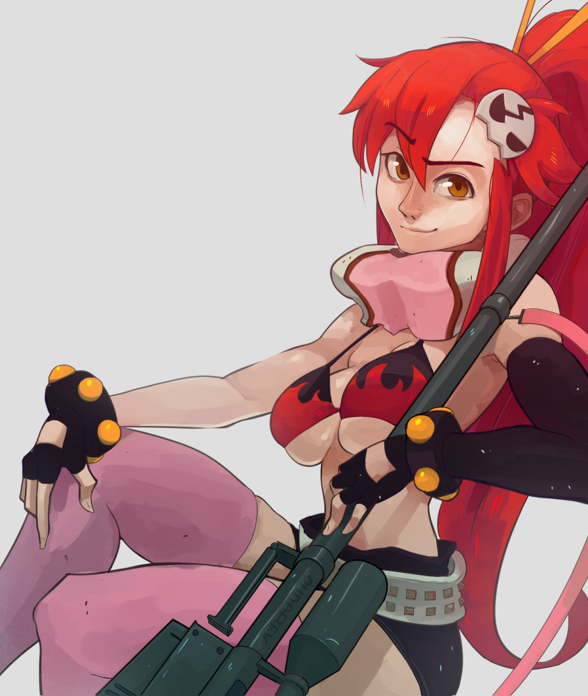 1girl, anti-materiel_rifle, belt, bikini_top, breasts, brown_eyes, detached_sleeves, eyebrows