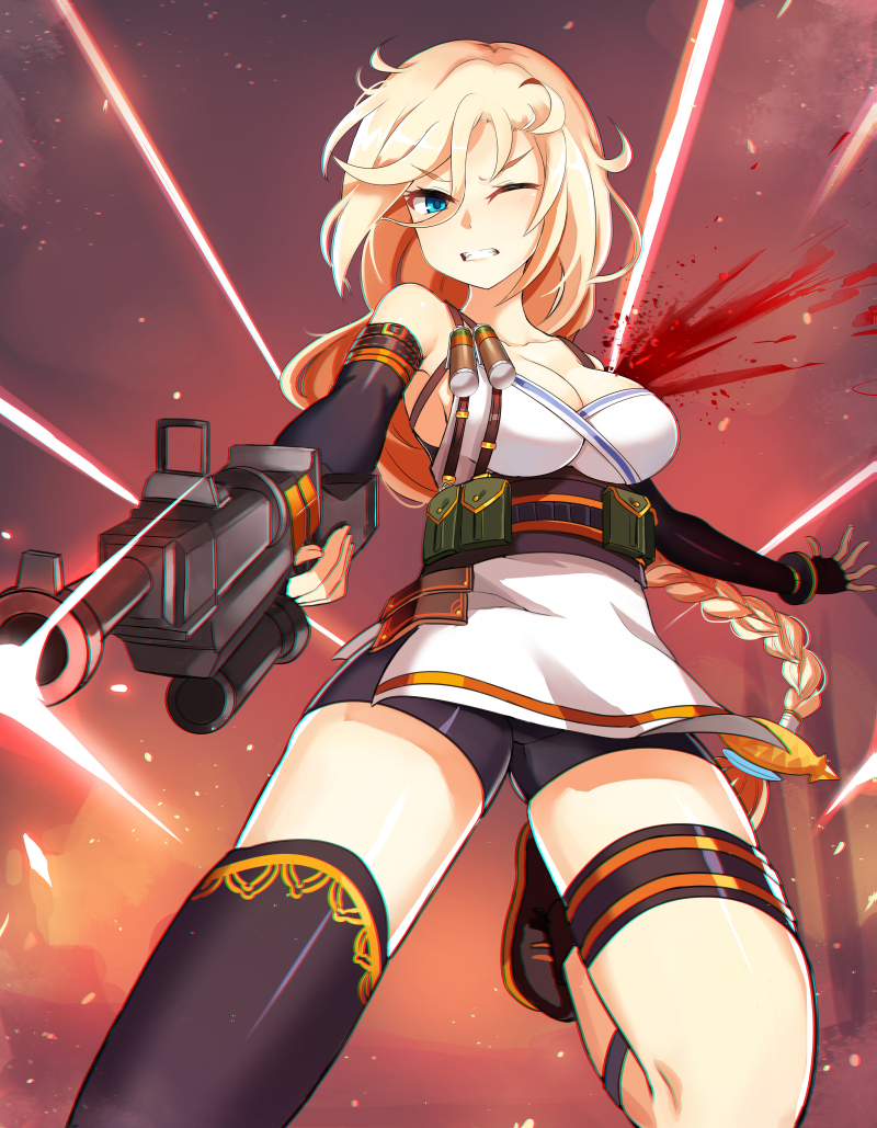 1girl, belt, bike_shorts, black_gloves, black_legwear, blonde_hair, blood, blue_eyes