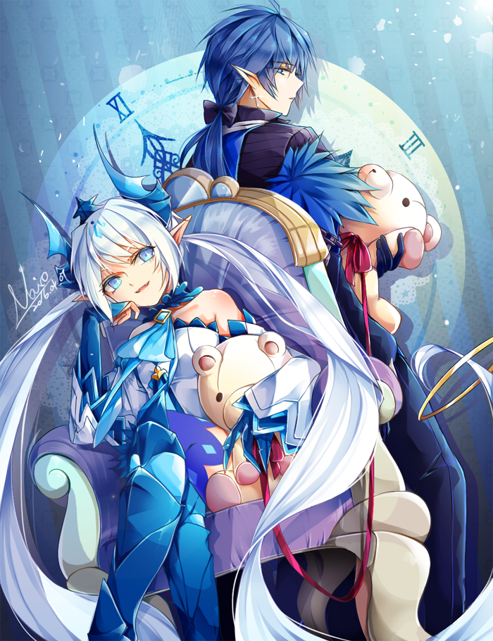 1boy, 1girl, black_bow, blue_boots, blue_eyes, blue_hair, boots, bow