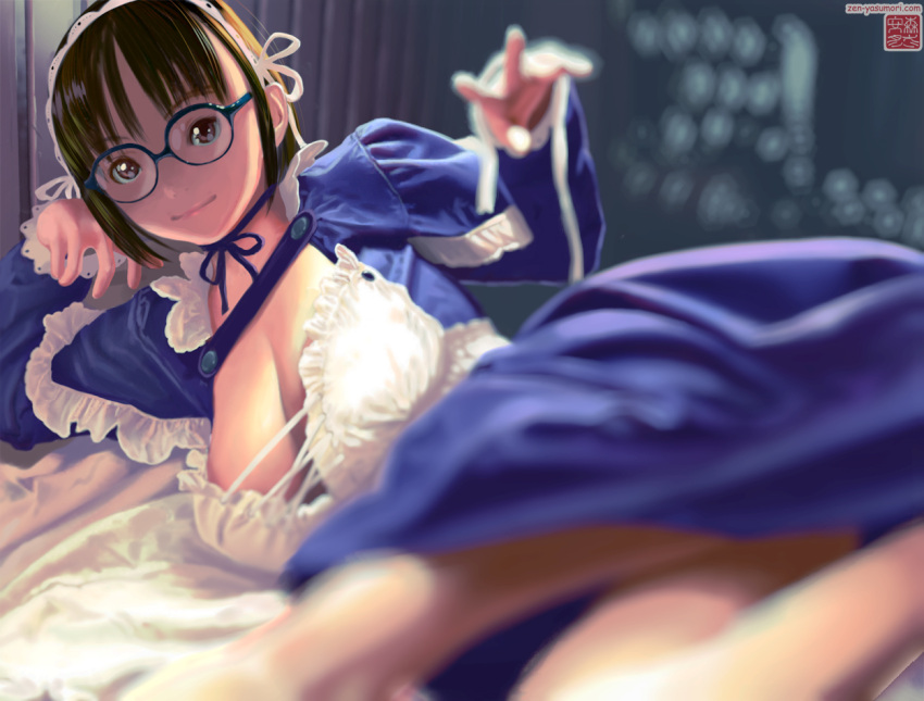 1girl, arm_support, bangs, black_hair, blue-framed_glasses, blue_dress, blue_ribbon, blurry