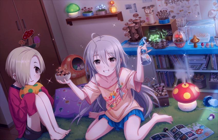 2girls, ahoge, bangs, bare_shoulders, barefoot, blonde_hair, blush, book, braid, brown_eyes, child, collarbone, earrings, fungus, grey_eyes, grin, hair_between_eyes, hair_over_one_eye, hoshi_shouko, idolmaster, idolmaster_cinderella_girls, idolmaster_cinderella_girls_starlight_stage, jewelry, lamp, long_hair, long_sleeves, looking_at_viewer, multiple_girls, mushroom, no_bra, official_art, open_mouth, pillow, shirasaka_koume, short_hair, shorts, silver_hair, single_braid, sitting, skirt, smile, trash_can, very_long_hair