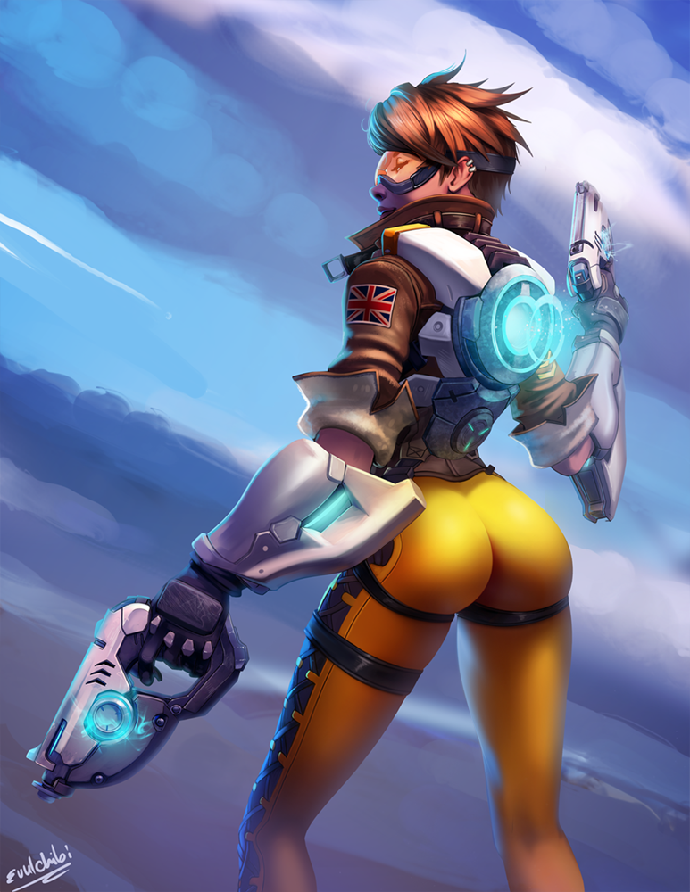 1girl, ass, bomber_jacket, brown_hair, dual_wielding, earrings, evulchibi, gloves